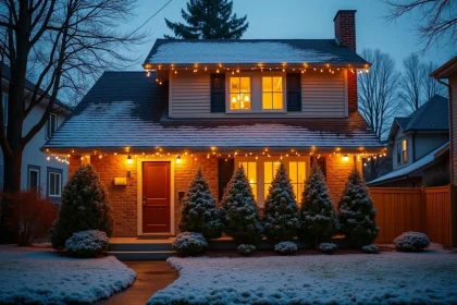 Maison individuelle décorée de guirlandes solaires blanches pour Noël avec jardin enneigé au crépuscule
