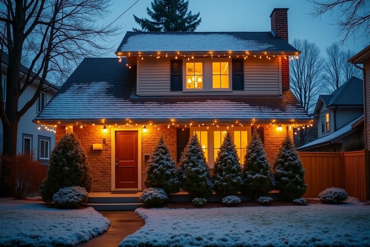 Maison individuelle décorée de guirlandes solaires blanches pour Noël avec jardin enneigé au crépuscule