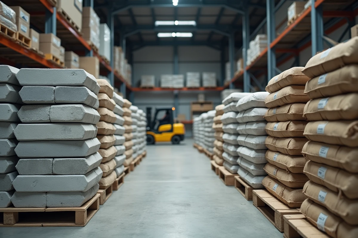 Matériaux de gros œuvre stockés dans un entrepôt de négoce de construction avec étiquettes de prix sur palettes