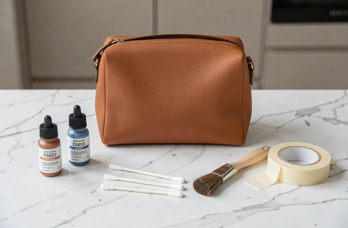 Matériel de coloration pour sac en cuir de luxe disposé sur une surface en marbre blanc