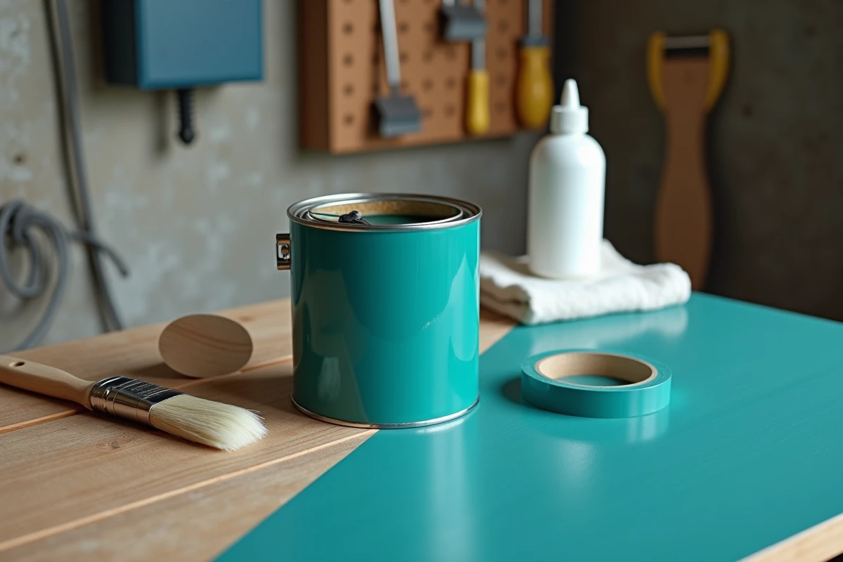 Gros plan sur un pot de peinture glycéro ouvert, un pinceau, du dégraissant et un panneau en bois partiellement peint sur un établi de garage