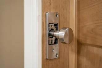 Mécanisme intérieur d'une serrure de porte en gros plan, montrant le pêne demi-tour et la gâche en acier brossé sur une porte en bois chêne