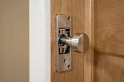 Mécanisme intérieur d'une serrure de porte en gros plan, montrant le pêne demi-tour et la gâche en acier brossé sur une porte en bois chêne