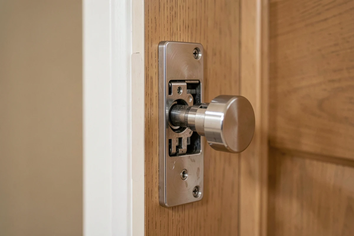 Mécanisme intérieur d'une serrure de porte en gros plan, montrant le pêne demi-tour et la gâche en acier brossé sur une porte en bois chêne