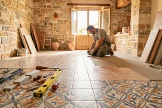 Vue d'ensemble d'un chantier de carrelage professionnel dans les Bouches-du-Rhône avec un artisan carreleur au travail