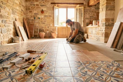 Vue d'ensemble d'un chantier de carrelage professionnel dans les Bouches-du-Rhône avec un artisan carreleur au travail