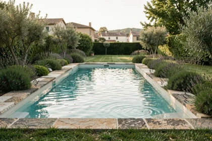 Vue grand angle d'une piscine résidentielle dans un jardin lyonnais, entourée de pierres naturelles et de plantes méditerranéennes
