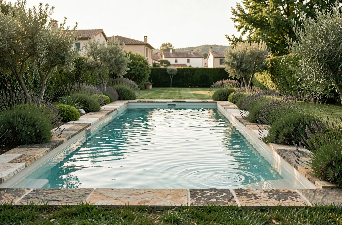 Vue grand angle d'une piscine résidentielle dans un jardin lyonnais, entourée de pierres naturelles et de plantes méditerranéennes