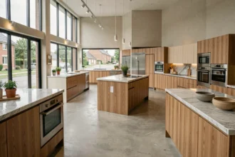 Vue panoramique d'un showroom de cuisinistes dans les Yvelines présentant plusieurs installations de cuisines modernes et haut de gamme