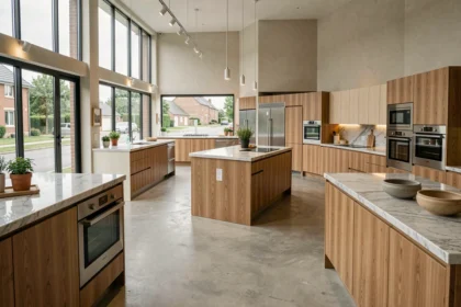 Vue panoramique d'un showroom de cuisinistes dans les Yvelines présentant plusieurs installations de cuisines modernes et haut de gamme