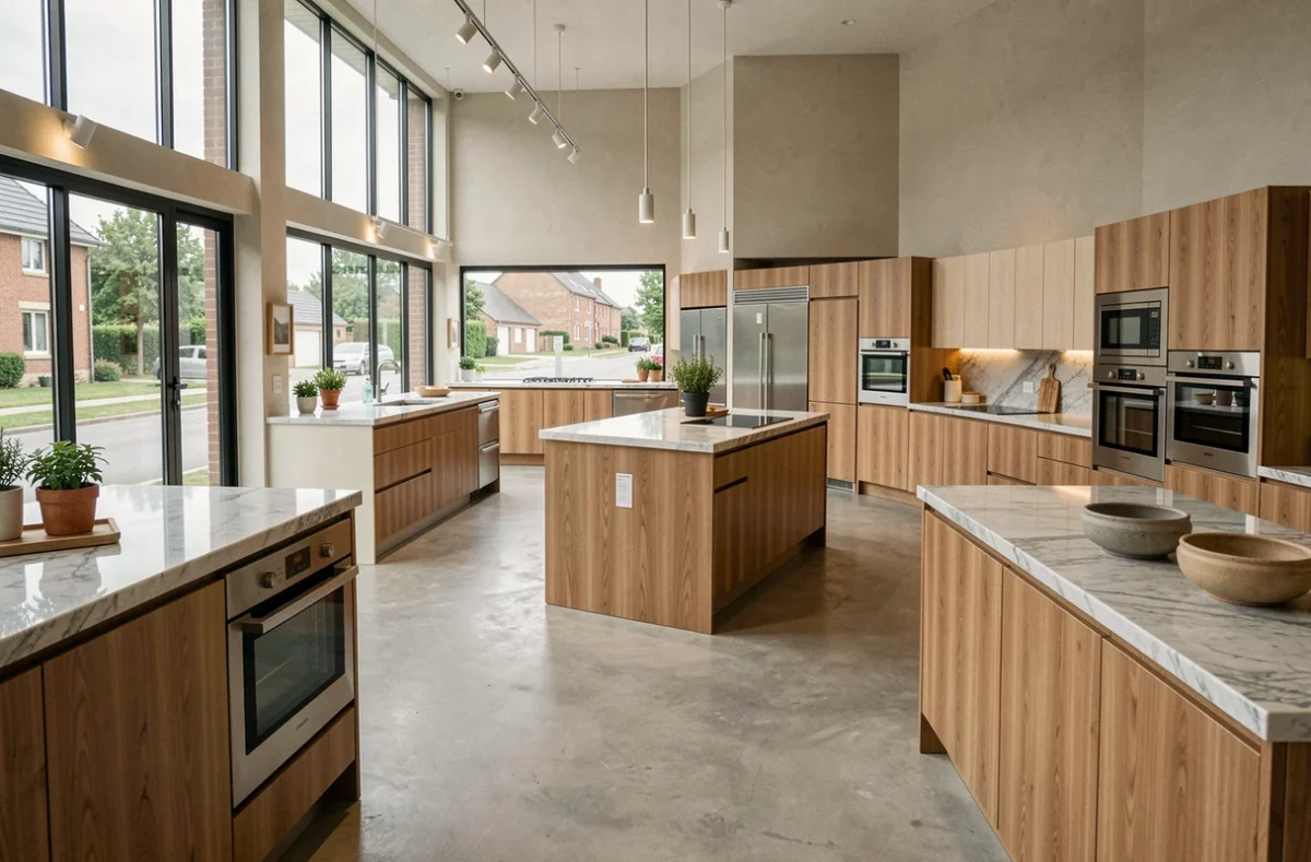 Vue panoramique d'un showroom de cuisinistes dans les Yvelines présentant plusieurs installations de cuisines modernes et haut de gamme