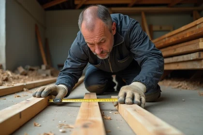 Entrepreneur mesurant des lames de bois en mètres linéaires pour une clôture sur un chantier de construction