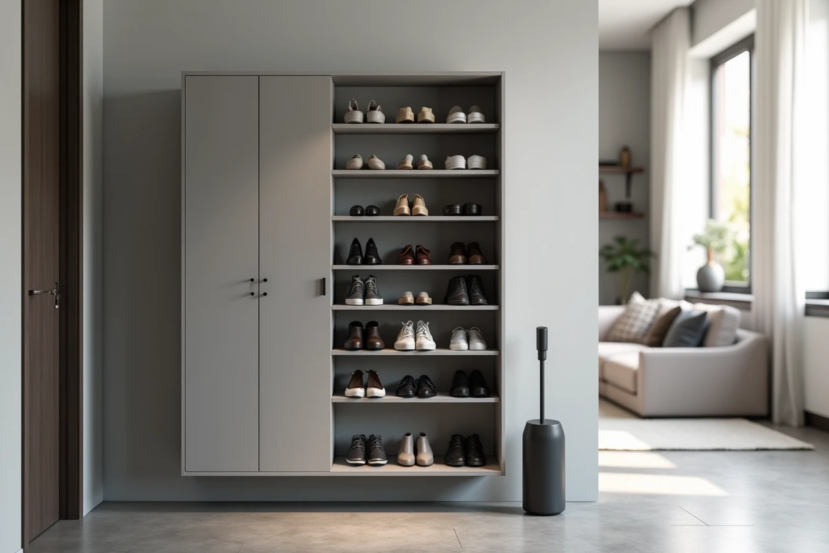 Meuble à chaussures Nano installé sans percer dans une entrée d'appartement moderne avec chaussures rangées