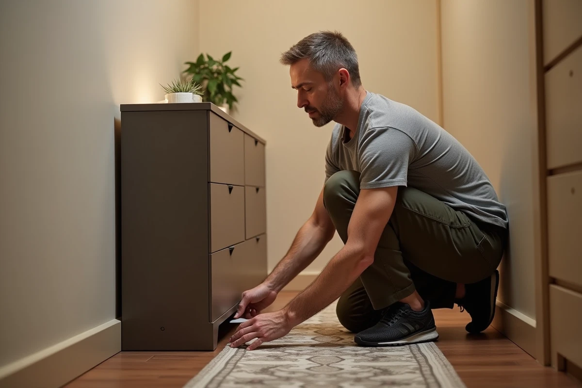 Homme fixant un meuble à chaussures Nano avec des bandes adhésives sans percer le mur