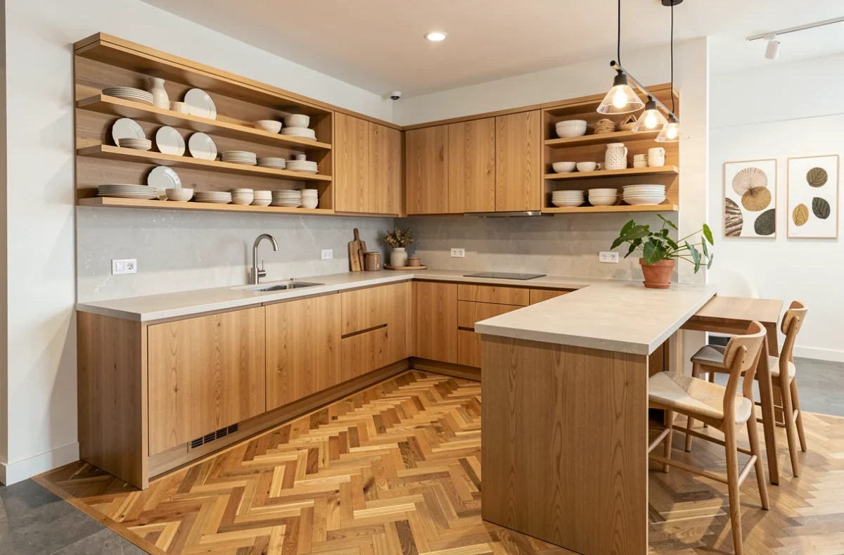 Cuisine Mobalpa exposée dans un showroom des Yvelines, avec des façades en chêne naturel, un plan de travail en pierre grise et une zone repas intégrée
