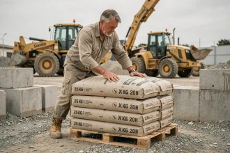 Ouvrier empilant des sacs de ciment de 25 kg sur une palette en bois sur un chantier de construction