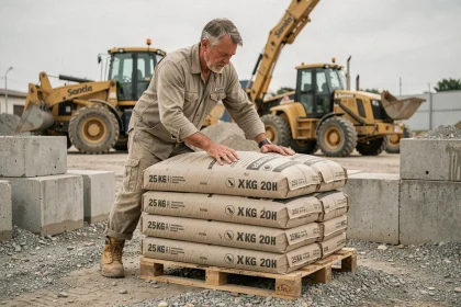 Ouvrier empilant des sacs de ciment de 25 kg sur une palette en bois sur un chantier de construction