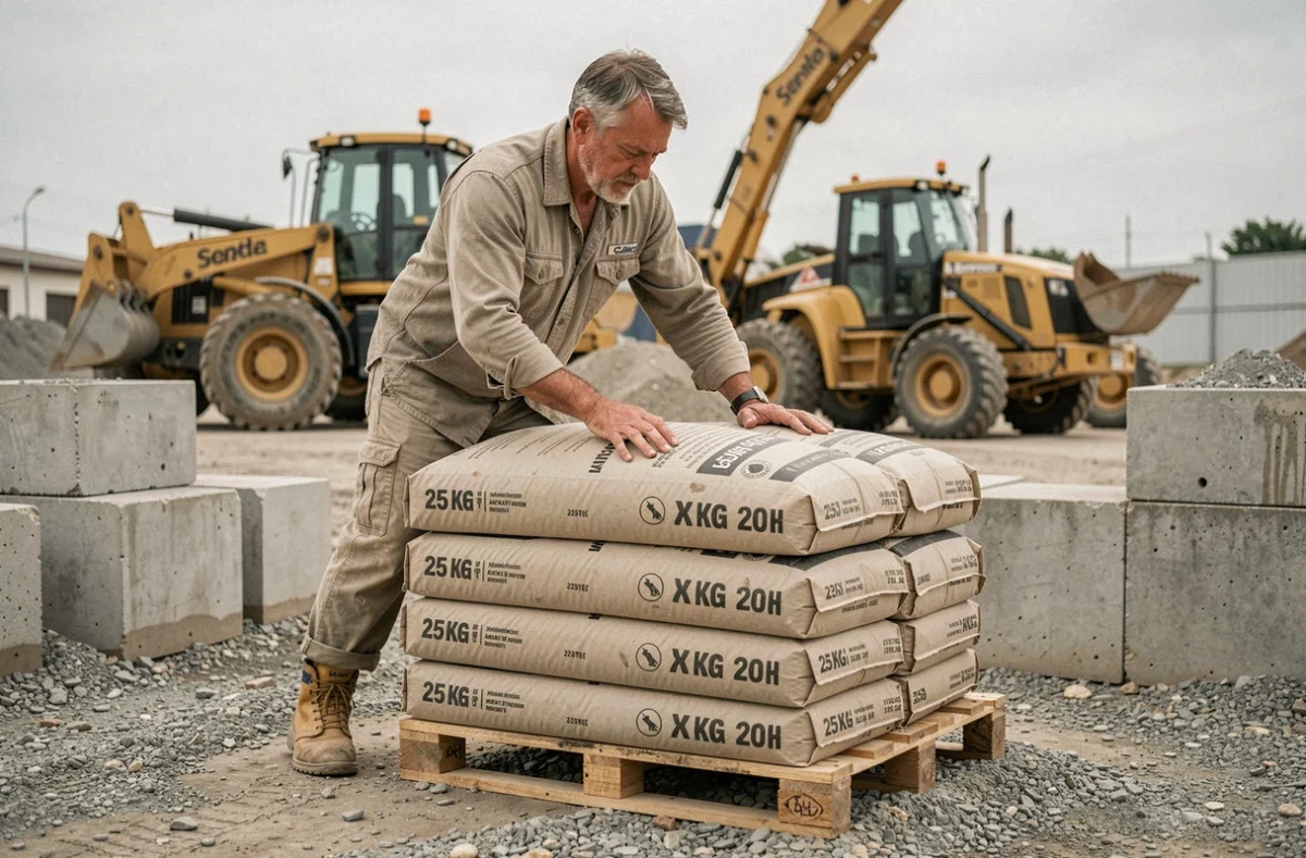 Ouvrier empilant des sacs de ciment de 25 kg sur une palette en bois sur un chantier de construction