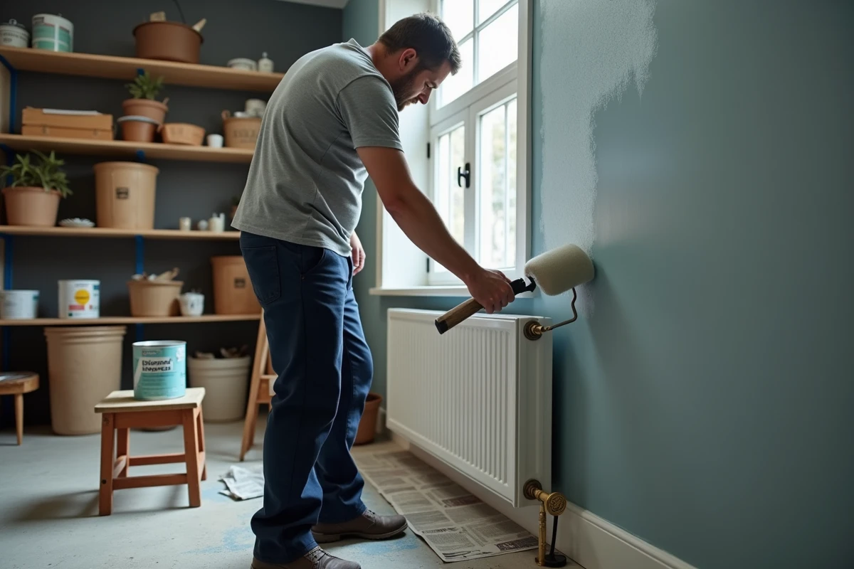 Homme appliquant de la peinture glycéro avec un rouleau sur un cache-radiateur en bois sans ponçage préalable dans une pièce utilitaire