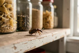 Petite bête marron identifiée dans un placard de cuisine sur une étagère en bois avec des bocaux de pâtes et d'épices