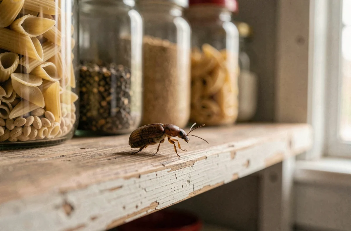 Petite bête marron identifiée dans un placard de cuisine sur une étagère en bois avec des bocaux de pâtes et d'épices