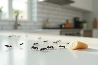 Petits insectes noirs sur un plan de travail de cuisine, vue macro détaillée de fourmis et coléoptères