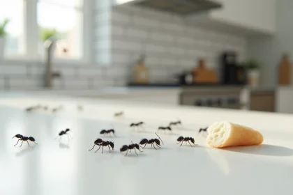 Petits insectes noirs sur un plan de travail de cuisine, vue macro détaillée de fourmis et coléoptères