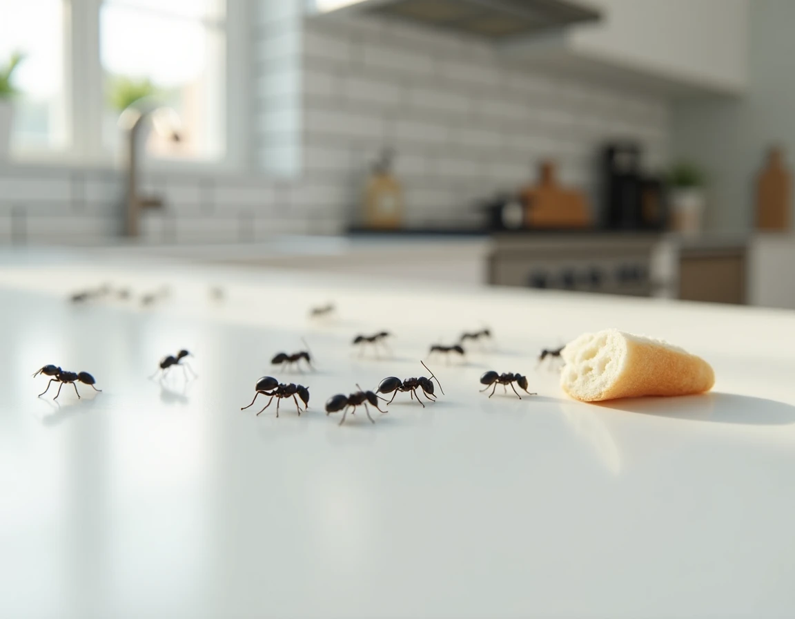 Petits insectes noirs sur un plan de travail de cuisine, vue macro détaillée de fourmis et coléoptères