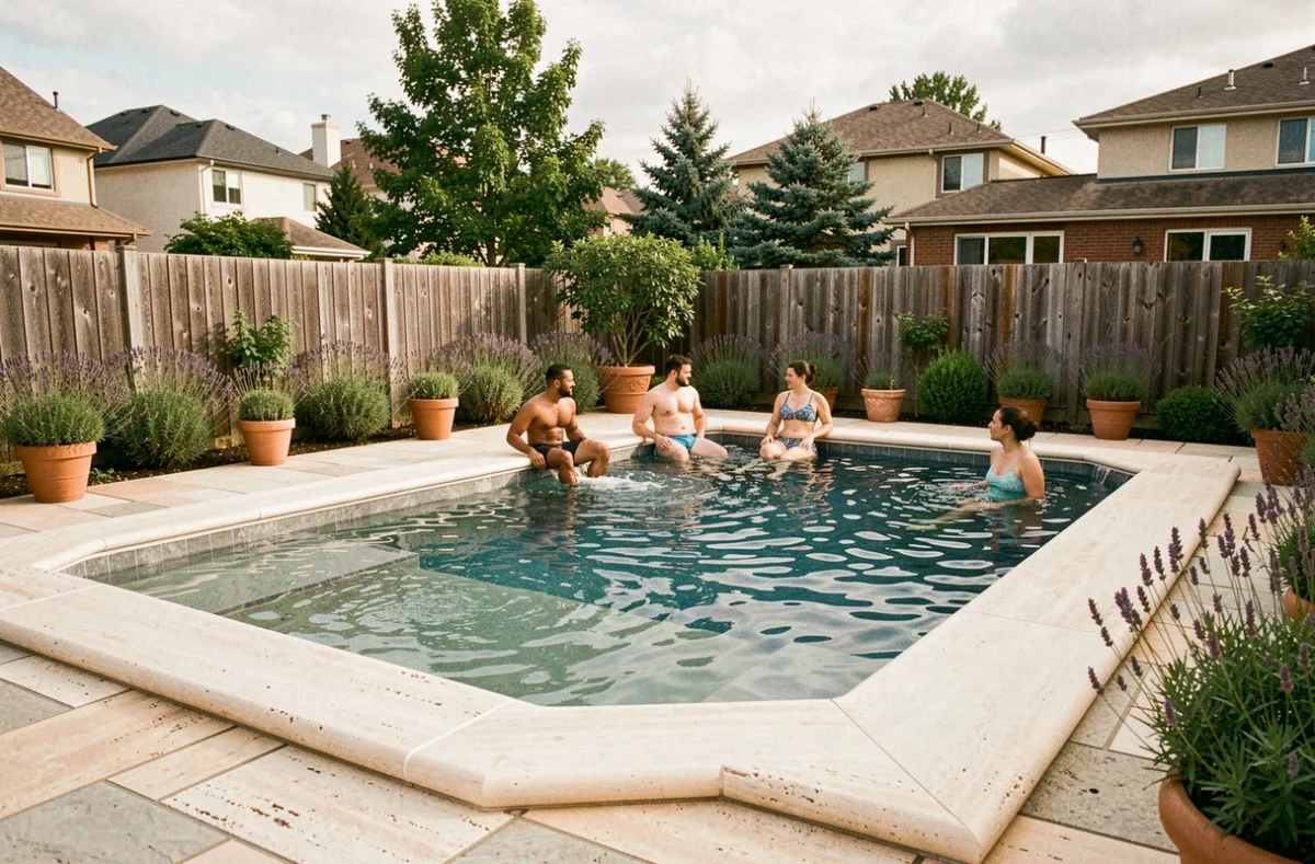 Piscine Aquilus avec cascade et margelles en travertin dans un jardin de banlieue lyonnaise, famille profitant de l'espace piscine