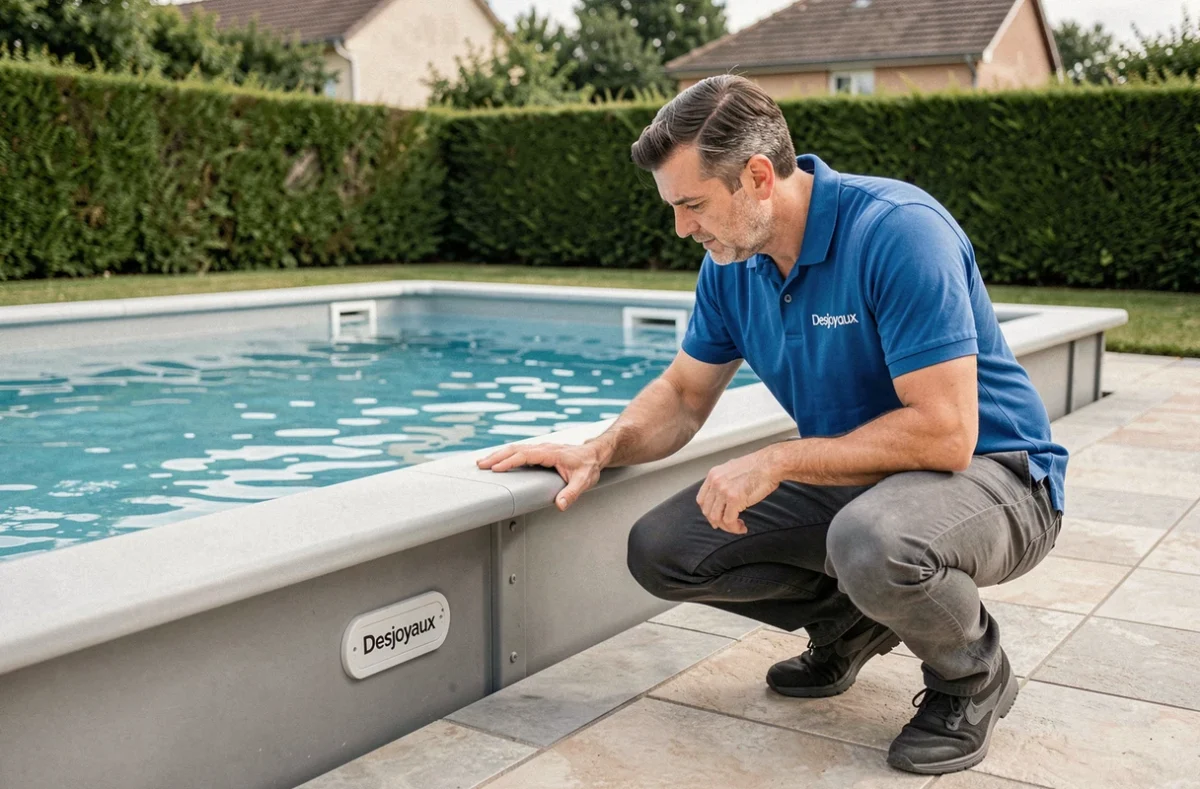 Technicien Desjoyaux inspectant l'installation d'une piscine avec système de filtration intégré dans un jardin de banlieue française