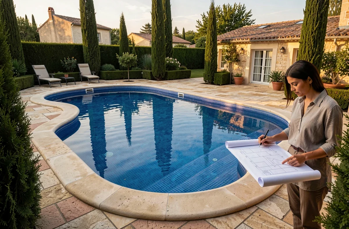 Piscine Diffazur de forme libre avec mosaïque bleue dans une propriété résidentielle haut de gamme du Rhône