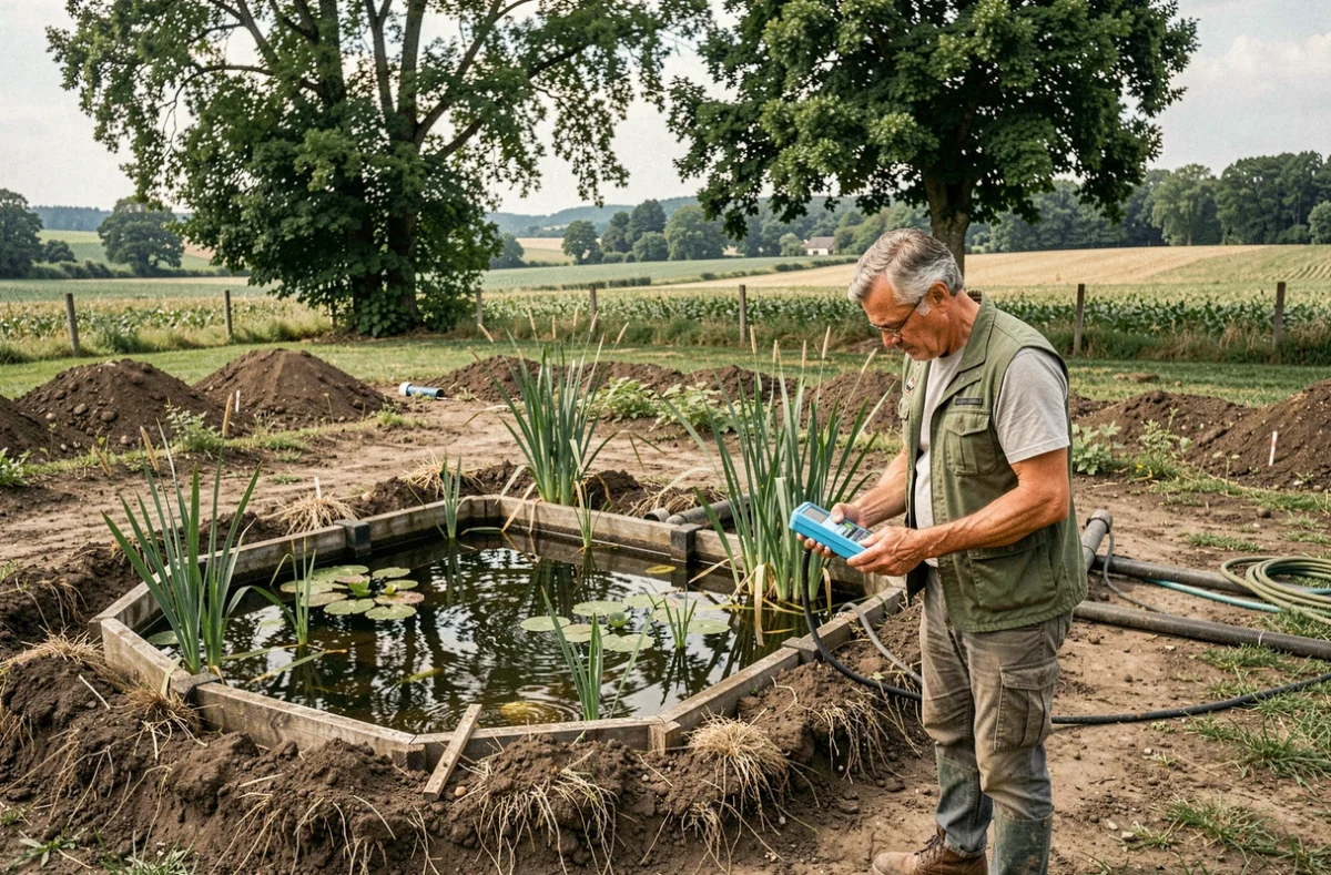 Construction d'une piscine naturelle O Fil de l'Eau avec zone de biofiltration végétale dans une propriété rurale du Rhône