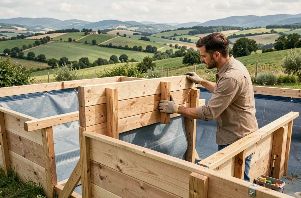 Installation d'une piscine modulaire Piscinelle en bois dans un jardin de campagne du Rhône, panneau en pin naturel en cours d'assemblage