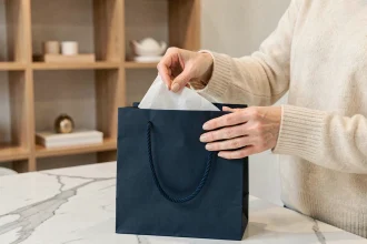 Femme élégante préparant une pochette cadeau papier luxe bleu marine avec papier de soie dans une boutique moderne
