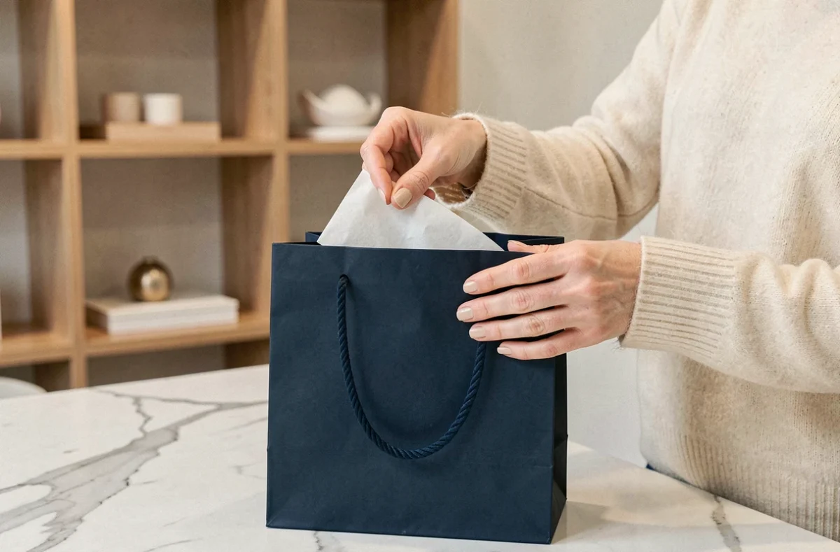Femme élégante préparant une pochette cadeau papier luxe bleu marine avec papier de soie dans une boutique moderne