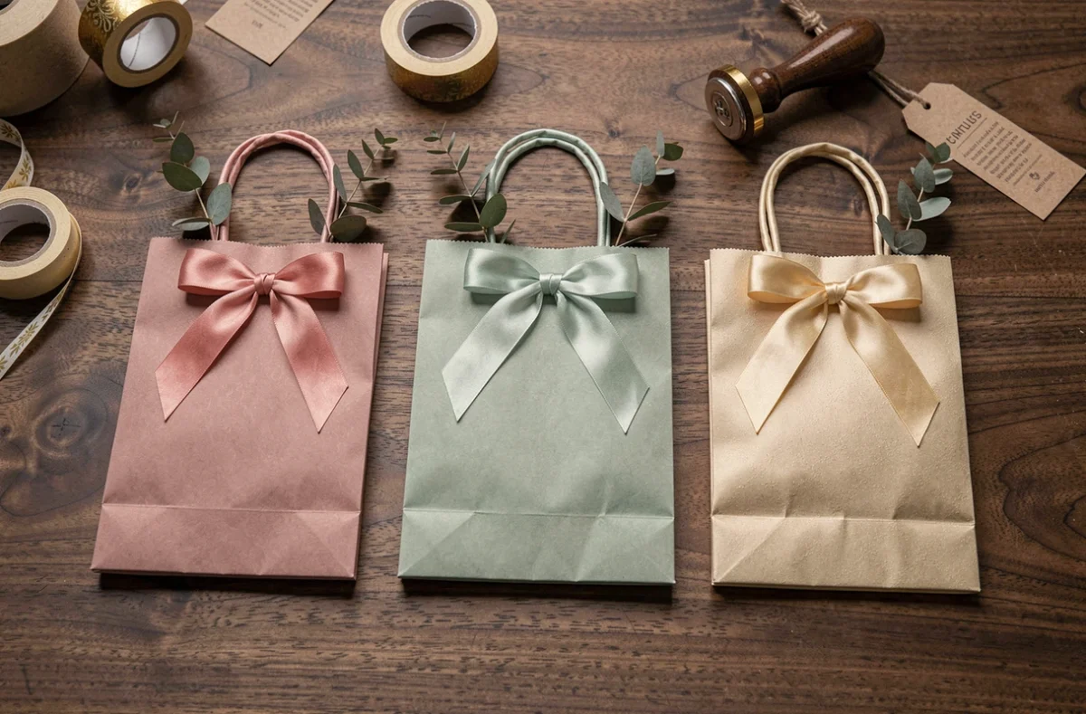 Arrangement à plat de pochettes cadeaux papier luxe colorées avec rubans satin et décoration végétale sur table en bois