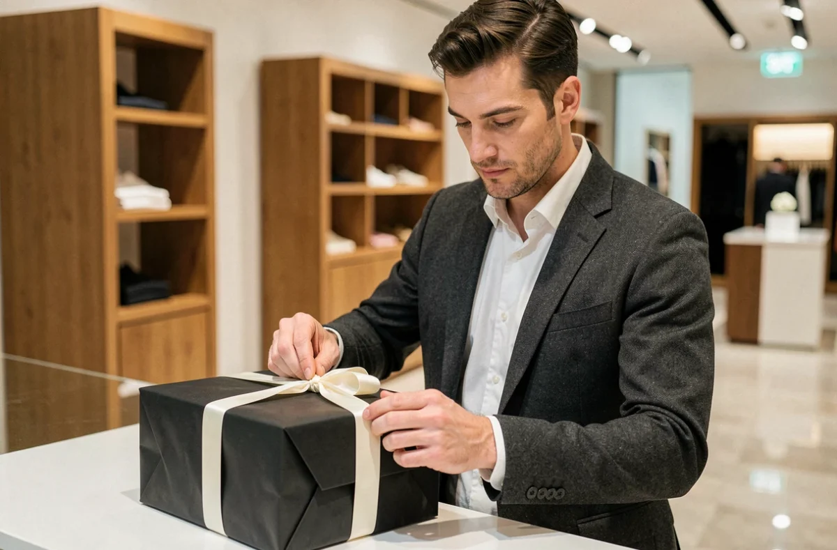 Homme élégant en blazer attachant un ruban ivoire sur une pochette cadeau papier luxe noire dans un grand magasin