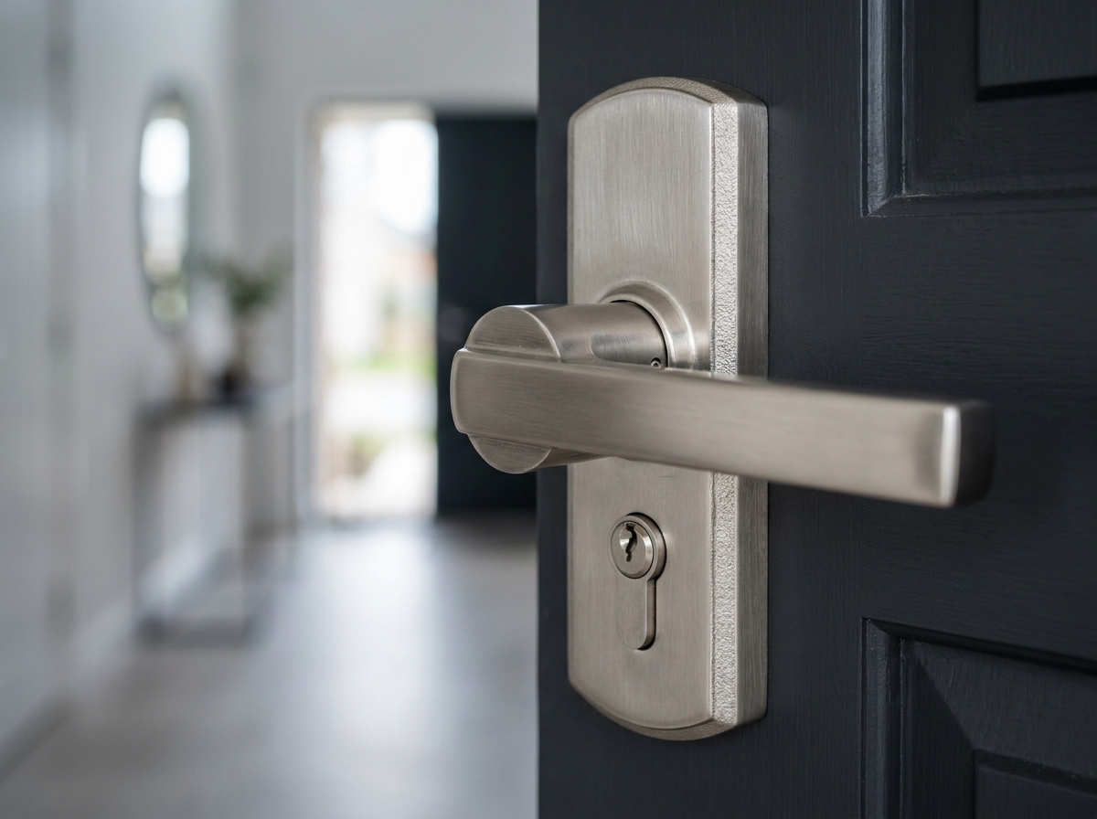 Poignée de porte sécurisée en nickel satiné avec rosace anti-perçage sur une porte d'entrée moderne peinte en foncé