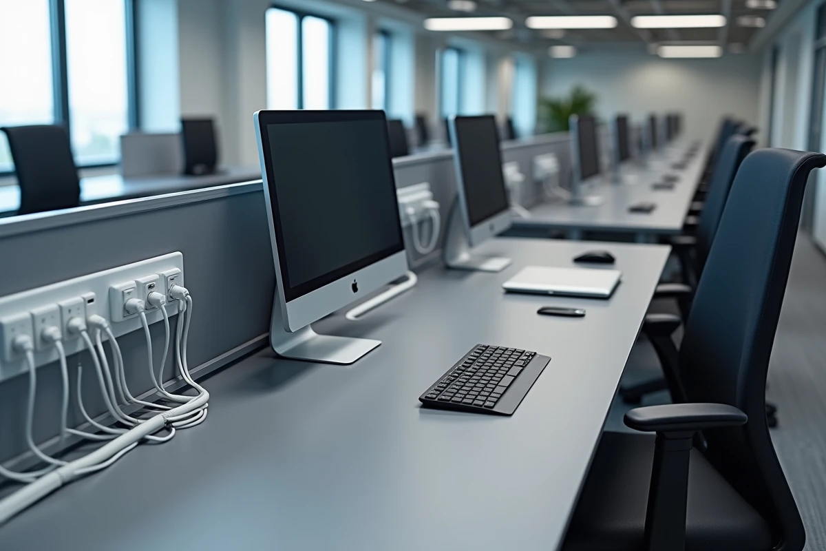 Vue large d'un poste de travail de bureau moderne avec système de goulotte électrique intégrant plusieurs prises et ports USB