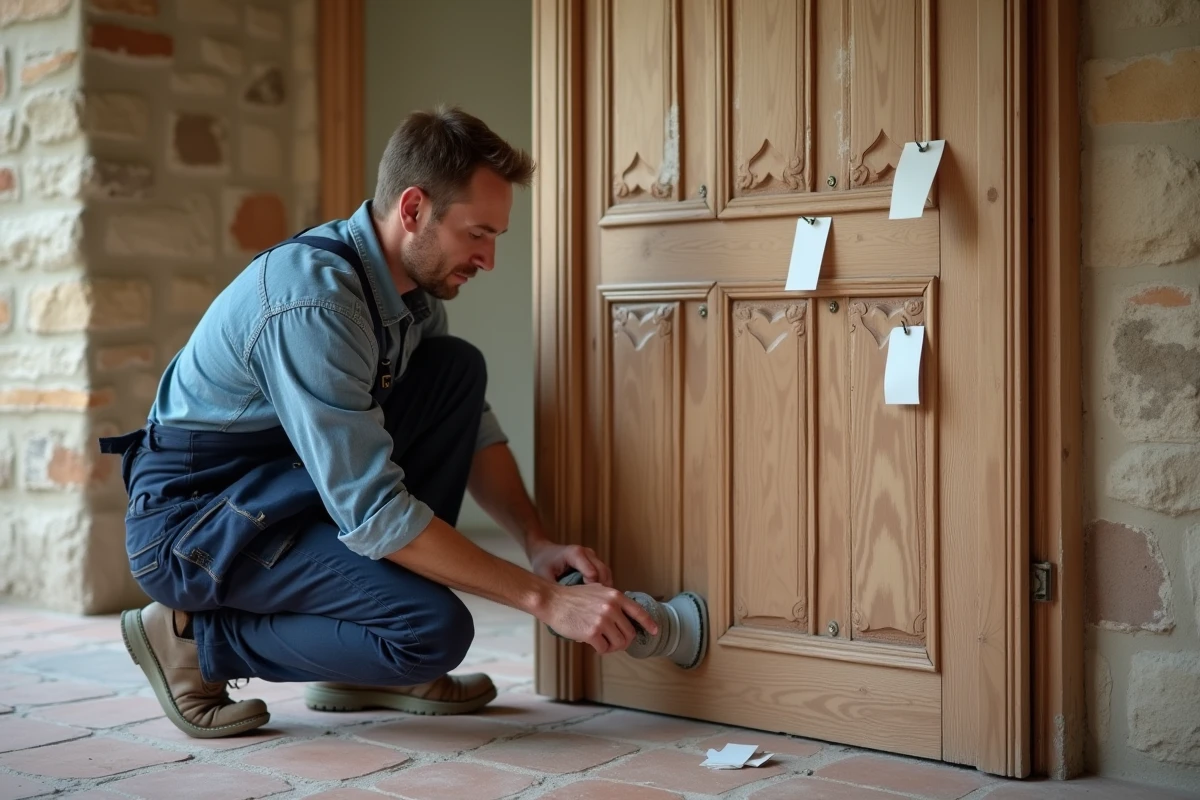 Homme préparant une porte en bois avec du papier de verre avant l'application de peinture blanche, avec des échantillons de finitions comparées