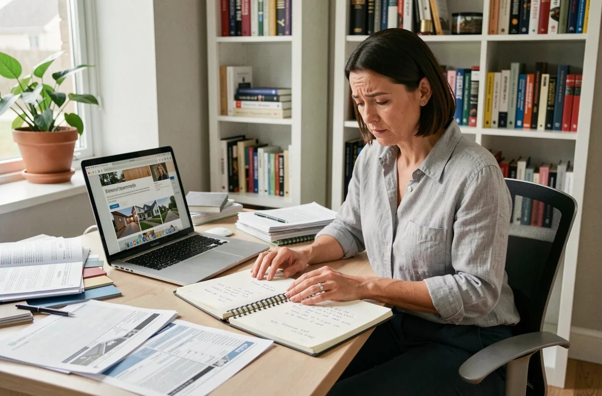Femme propriétaire comparant des devis de travaux sur son bureau à domicile avec des échantillons de matériaux