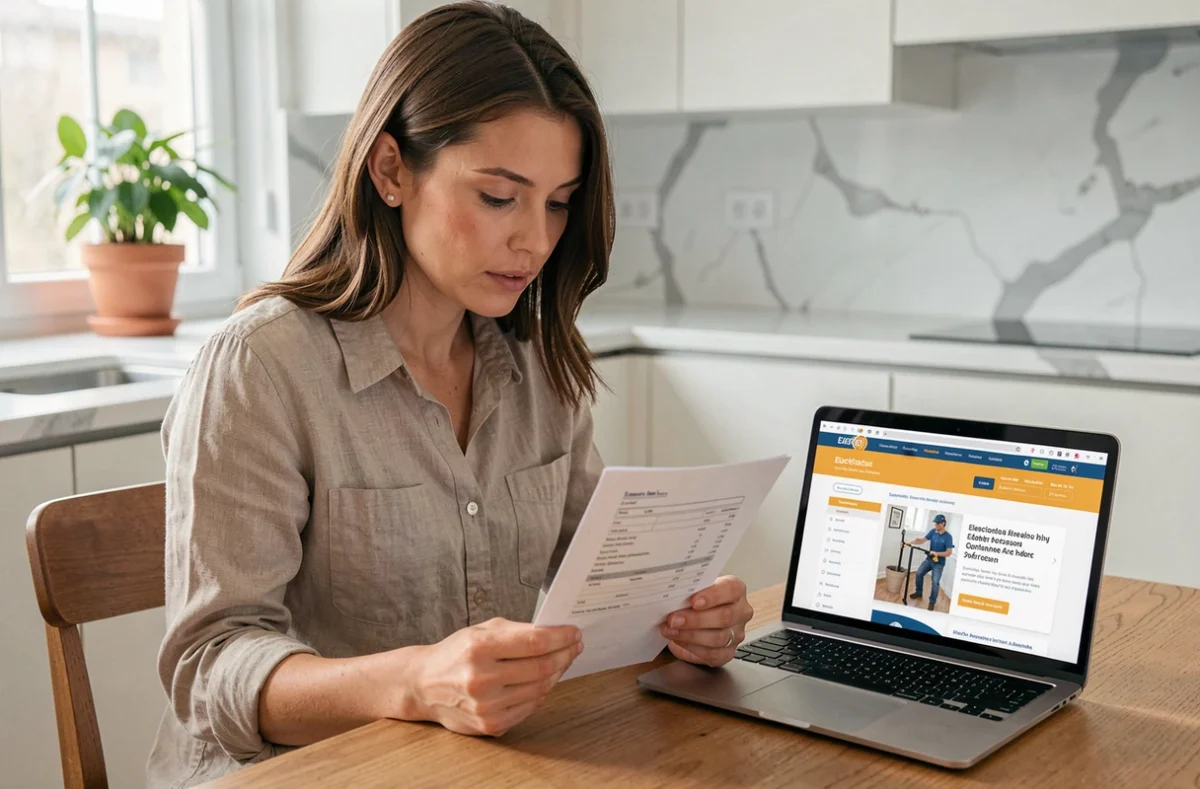 Femme propriétaire consultant une facture d'électricien et un devis en ligne dans une cuisine moderne