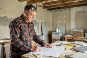 Propriétaire consultant des plans de rénovation dans une cuisine en travaux avec matériaux de construction visibles