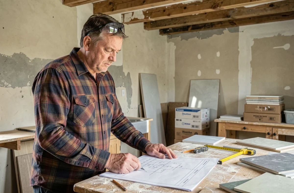 Propriétaire consultant des plans de rénovation dans une cuisine en travaux avec matériaux de construction visibles