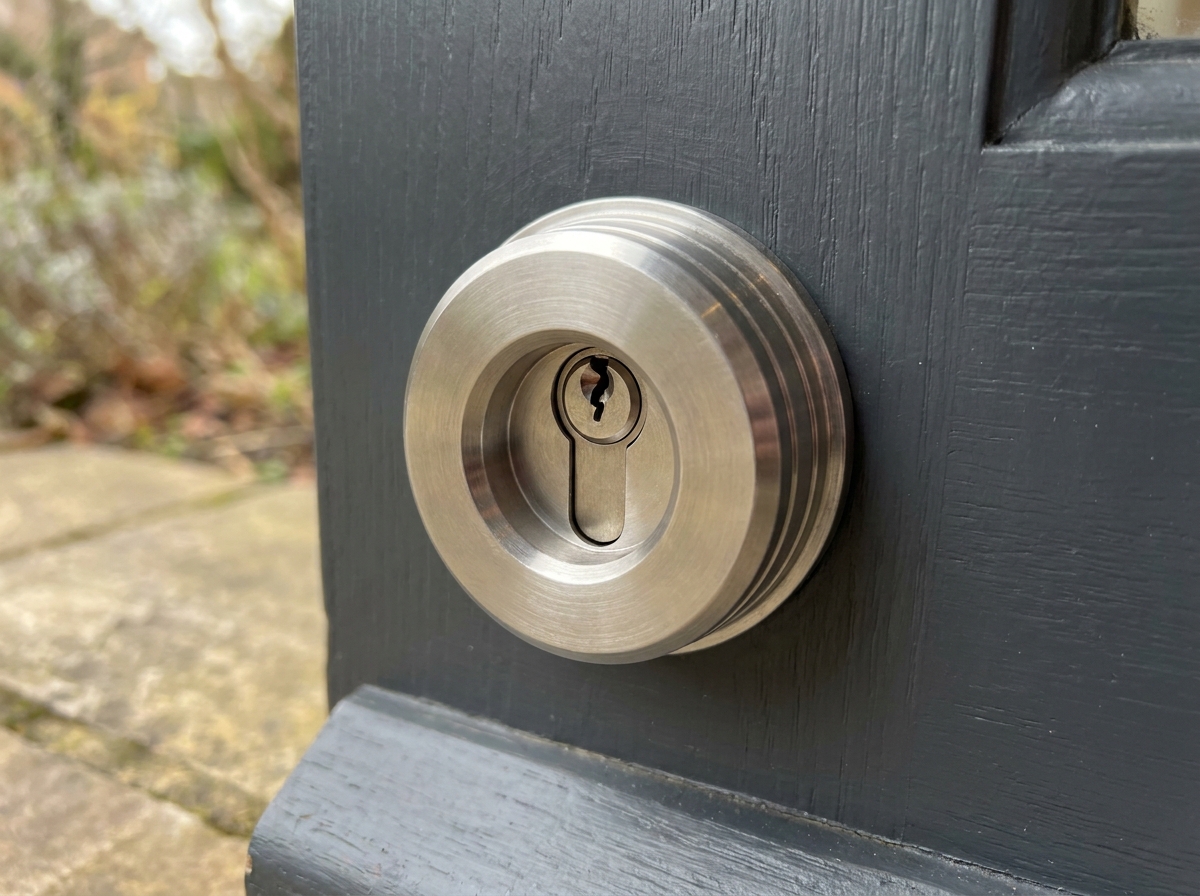 Protège-cylindre en acier inoxydable brossé monté sur une porte d'entrée peinte en anthracite avec serrure euro visible