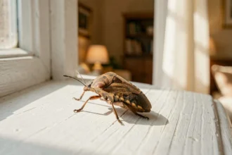 Punaise diabolique sur le rebord d'une fenêtre intérieure, gros plan macro révélant les détails de sa carapace brune aux motifs géométriques