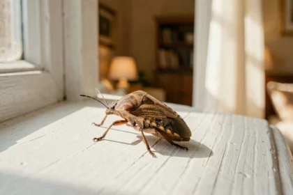 Punaise diabolique sur le rebord d'une fenêtre intérieure, gros plan macro révélant les détails de sa carapace brune aux motifs géométriques