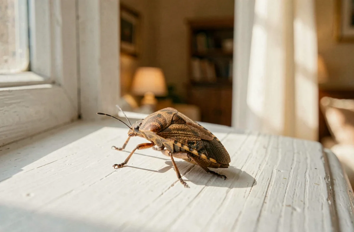Punaise diabolique sur le rebord d'une fenêtre intérieure, gros plan macro révélant les détails de sa carapace brune aux motifs géométriques