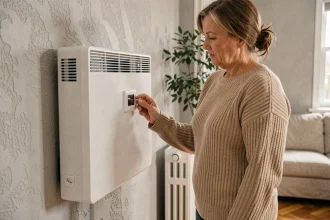 Femme réglant un radiateur à accumulation électrique blanc dans un salon moderne avec parquet en chêne