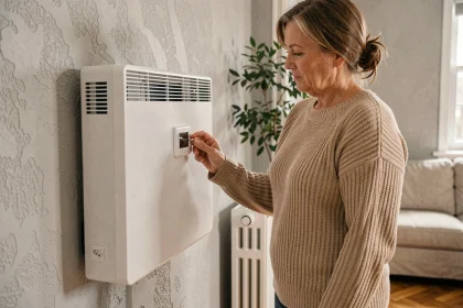 Femme réglant un radiateur à accumulation électrique blanc dans un salon moderne avec parquet en chêne